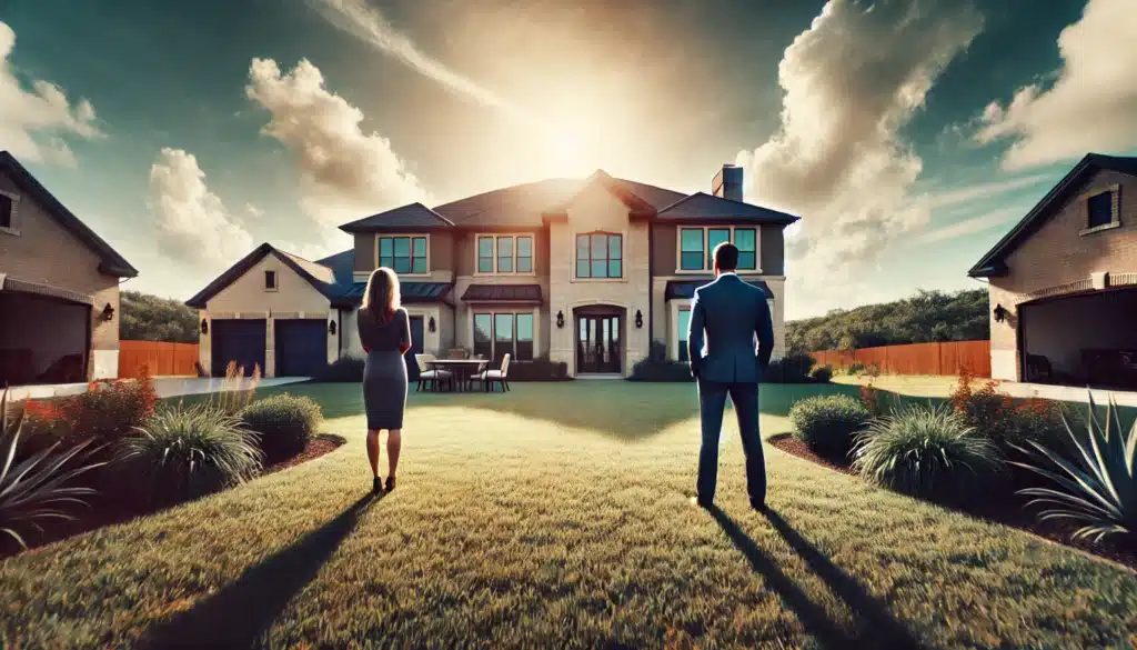 A wide-angle, photo-realistic, cinematic summer scene capturing a couple standing apart near a large, modern home in Texas. The atmosphere is contemplative, reflecting on the complexities of divorce. The bright summer sky and warm light highlight the setting, with the house representing shared assets like property. The surrounding environment includes a lush green lawn, symbolizing stability and community property, while a gentle breeze hints at upcoming changes. The couple's distance symbolizes separation and the division of assets, yet the scene feels calm and reflective, inviting thoughtful consideration of what comes next in their lives.