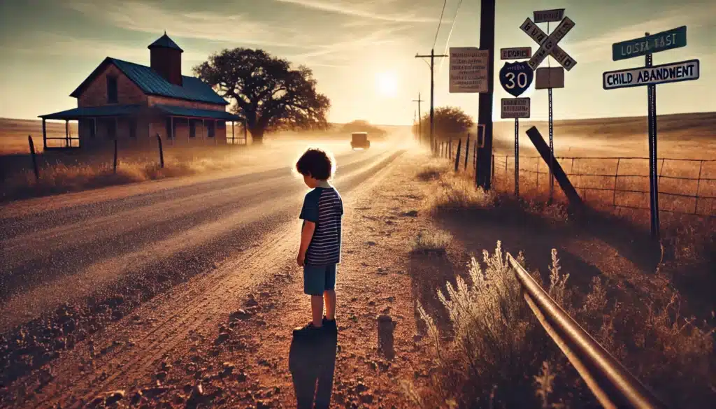 A cinematic, photo-realistic wide-angle image illustrating the concept of child abandonment laws in Texas. The image captures a summer vibe, showing a desolate Texas landscape with a lone, neglected child standing near a dusty, deserted road. The child, wearing casual summer clothes, appears sad and alone, holding a small backpack. In the background, there are faded road signs and a distant courthouse to symbolize legal implications. The lighting is soft and warm, with a sun setting on the horizon, casting long shadows, evoking a sense of abandonment and isolation.