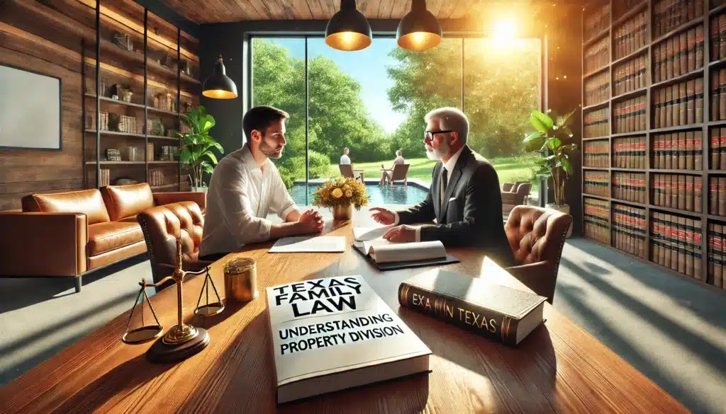 A wide-angle, photo-realistic, cinematic image with summer vibes capturing an informative setting about understanding Texas family law with a focus on property division. The scene is set in a professional, well-lit law office with large windows overlooking a sunlit outdoor area with greenery, creating a warm and inviting atmosphere. An attorney is seated at a polished wooden table with a client, discussing documents and legal books related to property division. The client looks attentive as the attorney explains, and the environment reflects trust, clarity, and professionalism, ideal for understanding complex legal matters like property division in Texas.