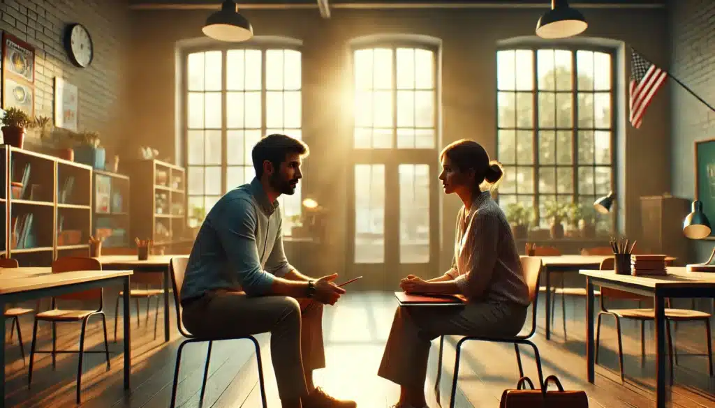 A wide angle, photo-realistic, cinematic image showing a parent communicating with a teacher about their child's education. The scene takes place in a well-lit classroom, with warm summer sunlight streaming through large windows. The parent is seated across from the teacher, both engaged in a serious yet positive conversation. The classroom is filled with educational materials, and the atmosphere is calm, professional, and focused on the child's well-being. The parent is dressed casually but thoughtfully, and the teacher is in business casual attire. The interaction reflects a cooperative and respectful approach to supporting the child's education.