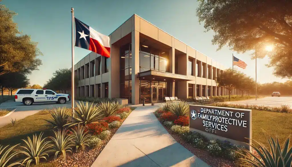 A wide-angle, photo-realistic, cinematic image with summer vibes depicting the exterior of a Texas Department of Family and Protective Services office. The building is modern and welcoming, with the Texas state flag prominently displayed alongside the entrance. Warm sunlight bathes the surrounding landscaping, which features well-maintained greenery and a clear path leading to the entrance. The image conveys professionalism, clarity, and approachability, emphasizing the importance of understanding CPS guidelines.