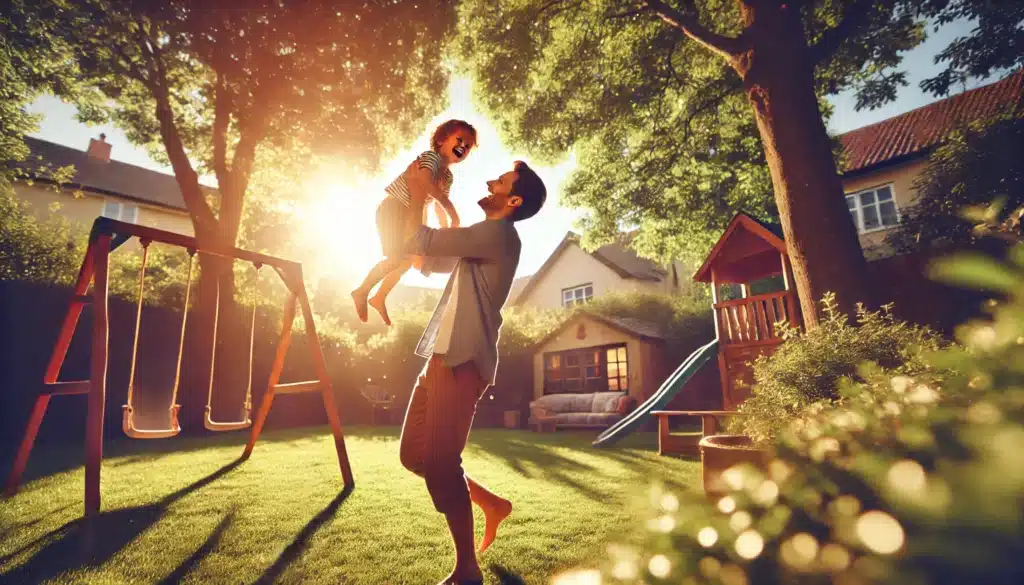 A wide-angle, photo-realistic, cinematic image with summer vibes showing a happy child playing with their father in a lush, sunlit backyard. The father is lifting the child in the air, both laughing joyfully. The scene is warm and carefree, with natural sunlight streaming through trees, evoking a sense of happiness and connection. The background includes green grass, a swing set, and soft light that creates a nostalgic, family-friendly atmosphere symbolizing the benefits of establishing paternity.