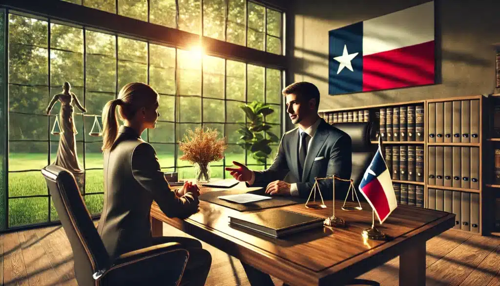 A photo-realistic, cinematic wide-angle image depicting a skilled alimony attorney in Tomball, Texas, providing legal advice. The scene takes place in a modern office with warm summer sunlight streaming through large windows. The attorney, dressed in professional attire, is seated at a polished wooden desk, gesturing confidently while explaining legal options to a client seated across the table. Legal documents, a laptop, and a Texas flag subtly placed in the background add context. The atmosphere conveys professionalism, trust, and collaboration, enhanced by a serene summer vibe with greenery visible through the windows.