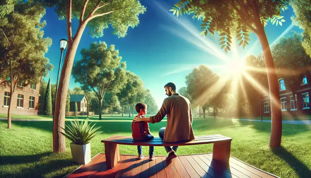 Wide-angle, photo-realistic, cinematic image with summer vibes, captured in the style of a wide-angle lens. The scene shows a calm and sunny park setting where a parent is sitting with their child on a bench, offering comforting and practical advice during a custody battle. The parent appears supportive and attentive, with a reassuring expression, while the child listens with a thoughtful look. The background features lush green trees, blue skies, and a peaceful environment, creating a warm, hopeful atmosphere. The image conveys a sense of guidance, support, and connection between the parent and child during a difficult time.