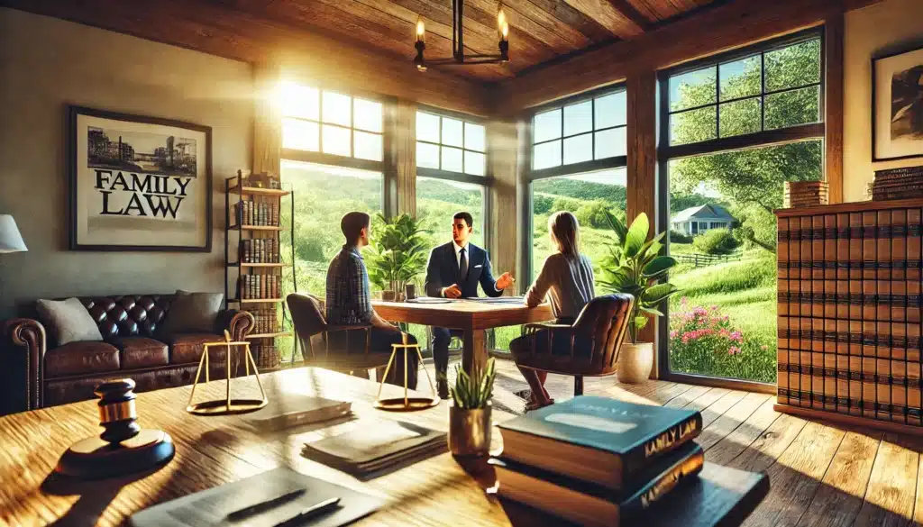 A wide-angle, photo-realistic, cinematic image with summer vibes, capturing a professional setting where family law cases are discussed by attorneys in Kingwood, Texas. The scene shows a spacious, well-lit office with a family law attorney speaking to clients about common cases like child custody, divorce, and alimony. There are legal documents on the desk, and the attorney appears engaged and attentive. The office features large windows letting in bright sunlight with a view of green Texas landscapes, creating a warm and welcoming atmosphere.