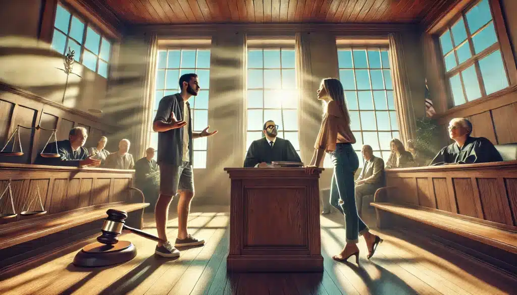 A wide-angle, photo-realistic, cinematic image with summer vibes, depicting a courtroom scene with a judge and two arguing parties, illustrating common issues in contentious divorces. The scene captures the tension and drama of a courtroom setting, with the judge observing the dispute, and the arguing spouses visibly frustrated. The lighting is natural, with sunlight streaming through large windows, giving the scene a sense of realism and emotional intensity. The environment hints at the gravity of the situation, yet the summer vibes with clear blue skies and soft light create a subtle contrast of hope amidst the conflict.