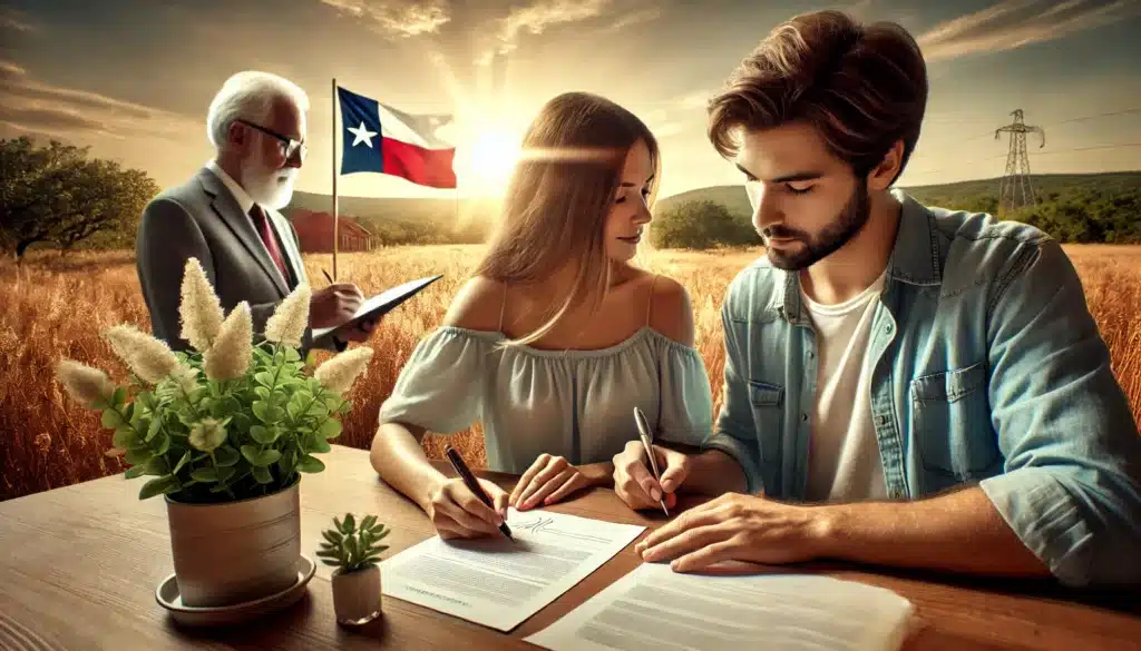 A wide-angle, photo-realistic cinematic image showing the completion of divorce after successful mediation in Texas. The scene captures a couple in a relaxed, outdoor setting, signing final documents with a mediator present, symbolizing a peaceful resolution. The summer vibe is conveyed through warm sunlight, gentle greenery, and a sense of calm and relief on their faces. Subtle elements in the background, such as Texas native plants or landscape, hint at the location, emphasizing a smooth conclusion to the mediation process in a friendly, cooperative atmosphere.