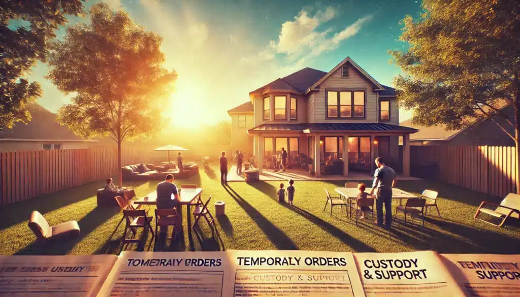 A wide-angle, cinematic, photo-realistic image depicting an overview scene symbolizing temporary orders in Texas divorce cases. The setting is a suburban Texas home under warm, golden summer sunlight, with a family in the yard subtly divided into separate spaces, symbolizing custody and support arrangements. The atmosphere is thoughtful and slightly tense, showing family members in quiet reflection. The background includes a clear blue Texas sky and lush green trees, conveying a stable yet transitional period. The image has a summer vibe with long shadows and a calm yet serious tone. No text or visible equipment in the image.