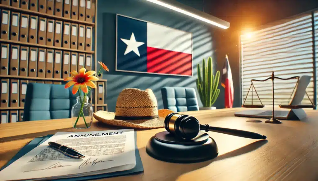 A wide-angle, photo-realistic, cinematic image with summer vibes, depicting a symbolic representation of the annulment process in Texas. The scene features a modern office setting with legal documents spread across a sleek desk, a Texas state flag subtly visible in the background, and a gavel placed prominently. The lighting is warm and inviting, giving a sense of professionalism and clarity. No text or camera equipment visible in the image.