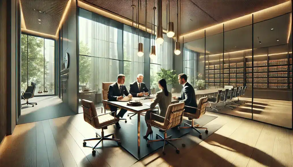 A wide angle, photo-realistic, cinematic image of a professional meeting in a high-end office setting, capturing summer vibes. The scene shows high net worth attorneys sitting at a sleek, modern conference table, discussing legal strategies for divorce with a client. The client, dressed professionally, listens attentively while the attorneys, in business attire, point to documents and share strategies. The office is elegantly designed with large windows letting in natural light, casting soft shadows on the polished surfaces. There’s a sense of focused professionalism, with a warm, inviting atmosphere created by the sunlight streaming in. The decor is modern with subtle touches of greenery visible outside.