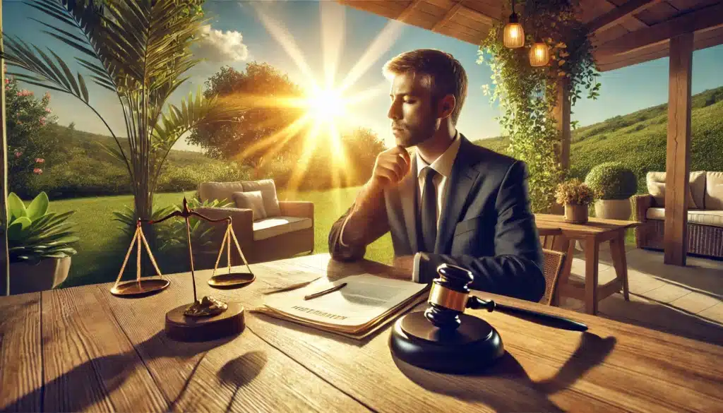 A cinematic, wide-angle, photo-realistic depiction of a sunny summer day in a serene outdoor setting. A professional individual is seen sitting at a table with legal documents and a thoughtful expression, symbolizing the complexities of indefinite spousal support cases. The background features lush greenery, a warm golden glow from the sun, and subtle elements like a gavel or scales of justice placed on the table to represent legal implications. The scene exudes a mix of contemplation and professionalism, tied together with summer vibes and a sense of importance.