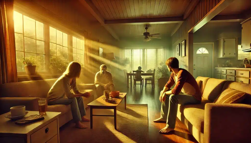 A cinematic, wide-angle, photo-realistic image representing the potential consequences following a CPS finding, including the impact on family dynamics. The scene is set in a suburban living room with warm summer sunlight streaming through the windows. The family appears divided, with one parent sitting with a worried expression, while the other looks determined to face the challenges ahead. A child is seen in the background, visibly impacted by the tension in the room. The atmosphere captures the emotional weight of the situation while reflecting the challenges families face after a CPS finding. The summer vibe enhances the contrast between the peaceful surroundings and the emotional turmoil within the family.