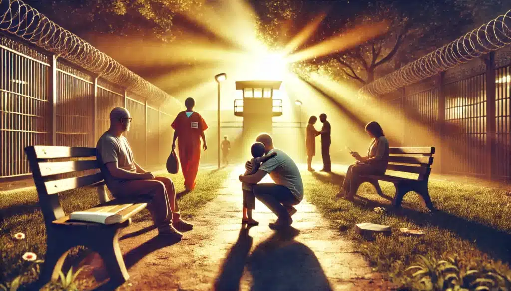 A wide-angle, photo-realistic, cinematic summer scene depicting the process of reestablishing parental rights after release from incarceration. The setting is a warm, sunlit park or backyard, symbolizing hope and renewal. In the foreground, a family is tentatively reconnecting, with an adult figure (recently released parent) embracing their child. In the background, there are subtle hints of past struggles, such as a distant, blurred prison or legal papers on a bench, but the focus is on the emotional reconnection. The summer light creates a hopeful and peaceful atmosphere, symbolizing a fresh start for the family.