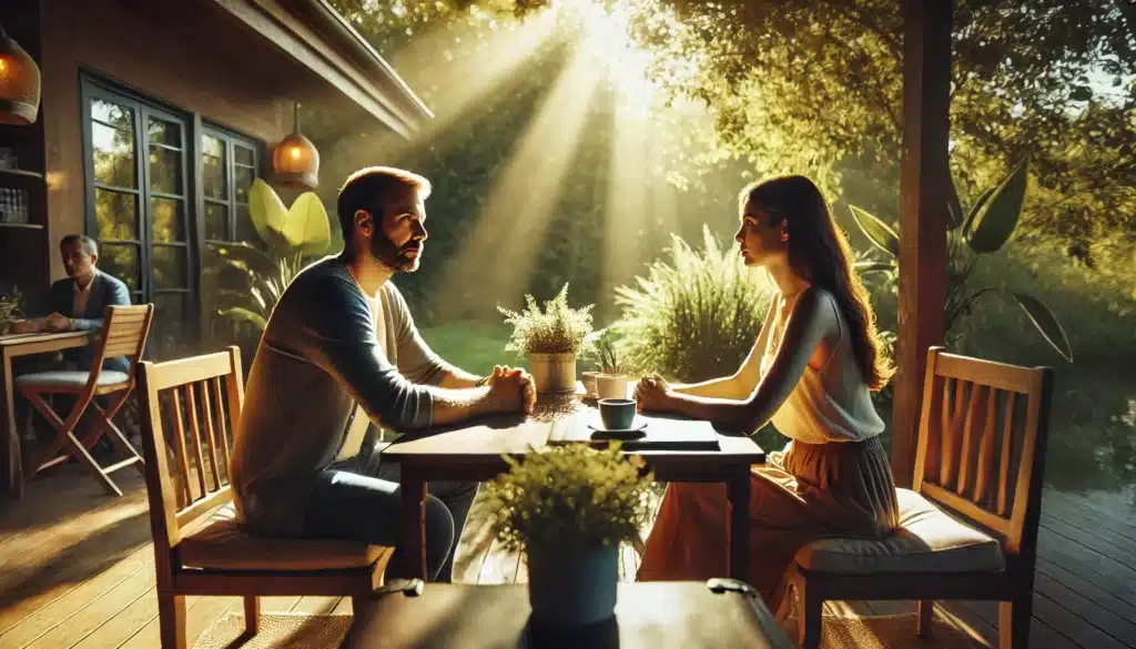 A wide-angle, photo-realistic cinematic image of a couple considering divorce mediation in Texas. The couple sits across from each other at an outdoor table, with a warm summer vibe conveyed through natural lighting. The scene is peaceful, with gentle sunlight filtering through greenery, creating a calm atmosphere. The couple looks thoughtful but cooperative, perhaps with a neutral third person nearby to represent mediation. The Texas setting is subtly suggested with small details, like a landscape or native plants in the background, emphasizing a calm, collaborative environment.