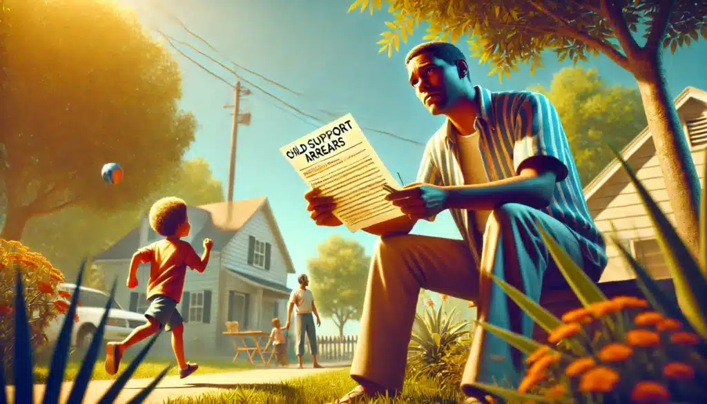 A wide-angle, photo-realistic, cinematic image with summer vibes capturing an illustrative scene addressing the concept of outstanding child support arrears. The scene takes place outdoors in a bright, sunny environment, perhaps in a neighborhood or park setting. A parent appears concerned, possibly holding papers or a document representing child support payments, while a child plays nearby in the background. The contrast between the child's carefree play and the parent's worried expression highlights the stress of unresolved financial obligations. The overall scene is warm and vibrant, with soft sunlight, green trees, and an inviting summer atmosphere, evoking the importance of resolving arrears for a brighter future.