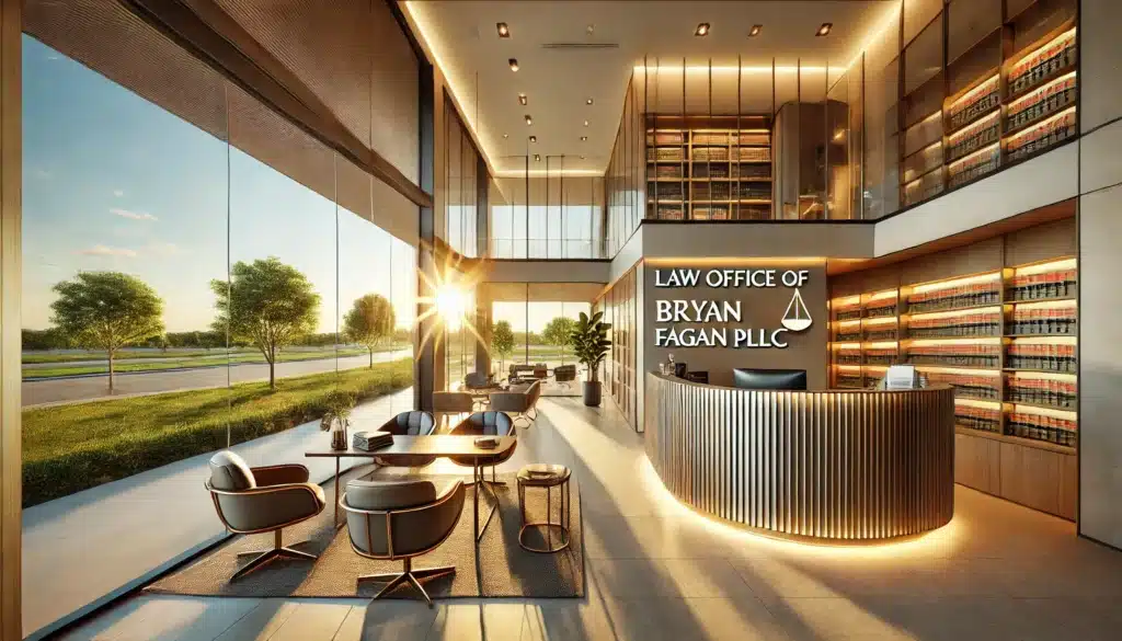 A photo-realistic, cinematic wide-angle image of a law office in Sugarland, Texas, showcasing the Law Office of Bryan Fagan PLLC. The modern office features sleek, contemporary decor with large windows allowing warm, golden summer light to flood the space. The exterior of the building is visible through the windows, showing the Texas landscape with lush greenery and clear blue skies. Inside, the reception area is stylish, with a polished desk, comfortable chairs, and a few legal books on shelves. A large sign or logo of the Law Office of Bryan Fagan PLLC is prominently displayed on the wall. The atmosphere is professional, calm, and welcoming, with soft lighting and a clean, organized design that conveys a sense of trust and authority.