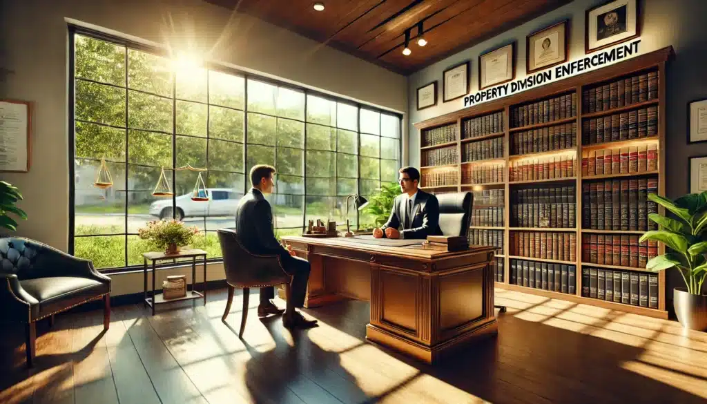 A wide-angle, photo-realistic, cinematic image with summer vibes showing a professional legal office in Tomball, Texas. The scene features a confident attorney sitting at a polished wooden desk, engaging with a client. The background includes shelves of legal books and framed certificates, with soft sunlight streaming through large windows. Outside the window, vibrant greenery typical of a Texas summer is visible, adding warmth to the setting. The mood is professional, inviting, and reassuring, emphasizing expertise and trust in property division enforcement. The image feels modern and relatable, conveying hope and confidence.