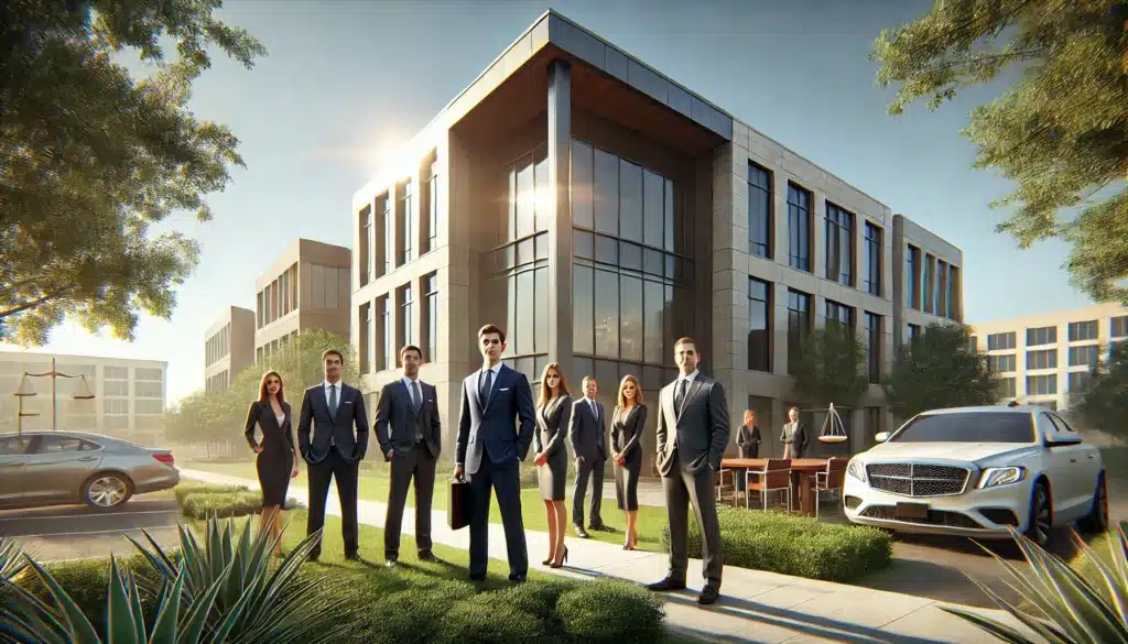 A wide-angle, photo-realistic, cinematic image of a professional law office in Humble, Texas, on a sunny summer day. The scene features a group of attorneys in professional attire standing confidently outside the office, with a modern building in the background and a neatly landscaped garden. The attorneys exude expertise and approachability, emphasizing their focus on family law. The summer atmosphere is enhanced by natural lighting and clear skies, creating a welcoming and professional vibe. No cameras or equipment visible.