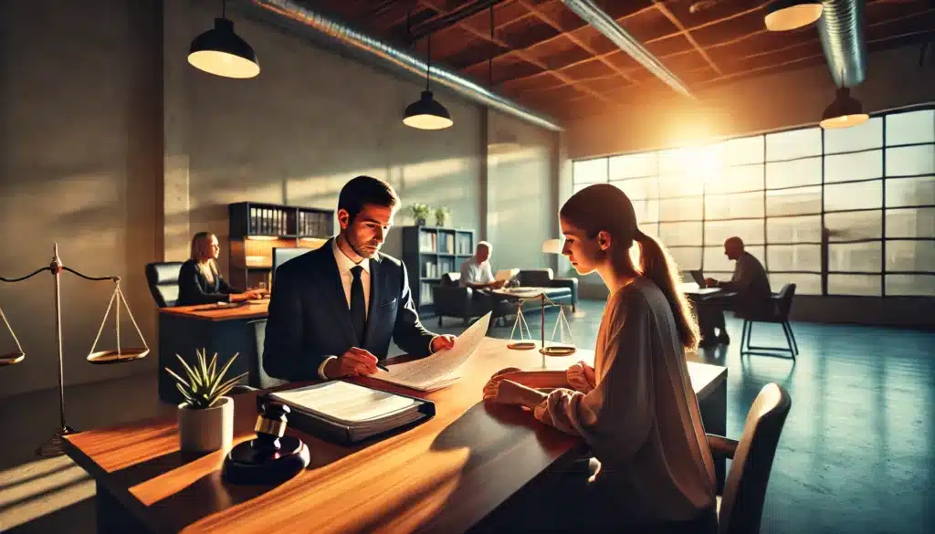 A photo-realistic wide angle image capturing a child support lawyer reviewing legal documents with a client in a professional office setting in Sugar Land, Texas. The scene has cinematic summer vibes, with warm lighting streaming through a large window, creating a calm and focused atmosphere. The lawyer, a mid-30s Hispanic male, is seated at a sleek wooden desk, while the client, a Caucasian female in her early 30s, attentively reviews documents. The office has modern decor, with a few plants and an organized, welcoming environment.