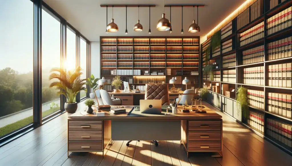 A wide-angle, photo-realistic, cinematic image with summer vibes showing the interior of a Katy paternity lawyer's office. The office is modern and professional, with sleek furniture, a large wooden desk, and shelves filled with law books. Natural light floods the room through large windows, creating a warm and inviting atmosphere. On the desk, there are legal documents, a laptop with a legal website open, and a comfortable chair for clients. The office exudes professionalism and trust, showcasing an environment where legal assistance is provided with care and expertise.