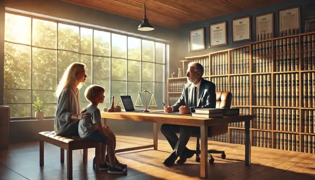 A photo-realistic, cinematic, wide-angle image of an experienced parental visitation attorney consulting with a family in a professional office setting. The attorney sits at a large wooden desk with legal documents and a laptop, attentively listening to the parents while a child sits nearby. Warm summer sunlight filters through large windows, creating a welcoming and professional vibe. The background includes neatly arranged law books and framed certificates, emphasizing trust and expertise.