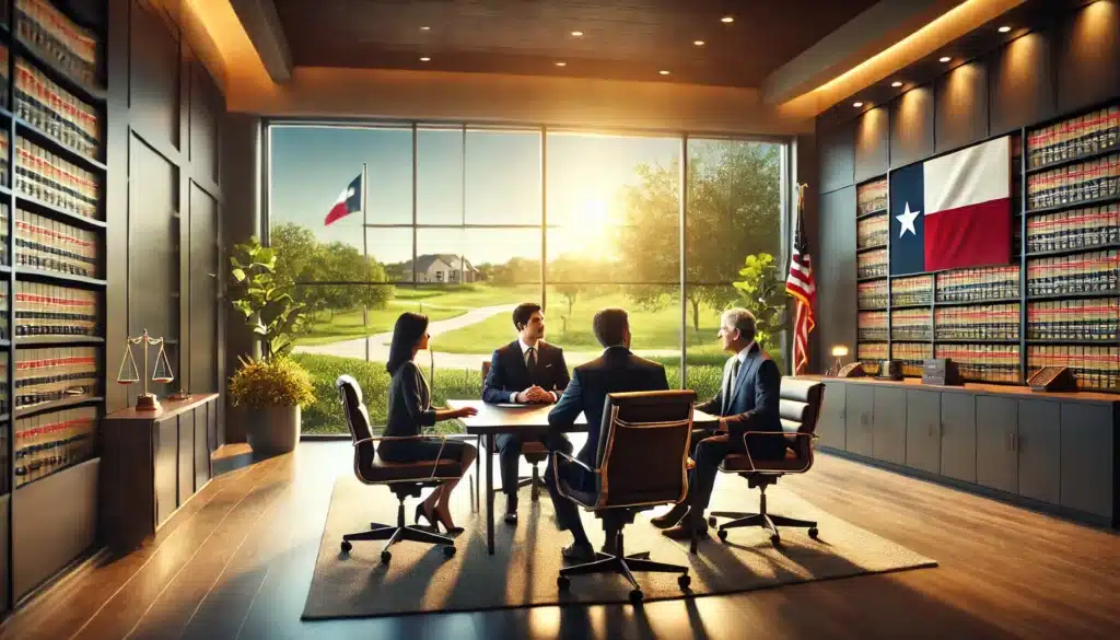 A cinematic, photo-realistic wide-angle image showcasing experienced family law mediation attorneys in a professional, summer-lit setting in Sugarland, Texas. The scene features a spacious, modern conference room with large windows that let in natural sunlight, overlooking the picturesque Texas greenery. Three attorneys, dressed professionally, are seated at a polished wooden table, engaged in a collaborative discussion with a couple. The atmosphere is warm, welcoming, and solution-focused, symbolizing expertise and understanding. The background includes subtle Texas-themed decor and a calming ambiance that evokes trust and professionalism.