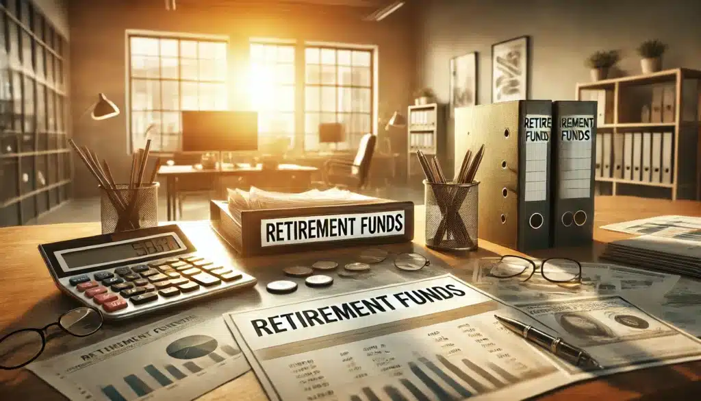 A photo-realistic, cinematic wide-angle image visually representing retirement funds and accounts in the context of divorce proceedings. The scene shows a desk with organized documents labeled 'Retirement Funds,' a calculator, and financial charts, all illuminated by warm summer sunlight streaming through a nearby window. The background features a professional office setting with subtle decor, evoking focus and clarity. The mood is professional yet approachable, representing the intricate planning involved in dividing retirement accounts during divorce.