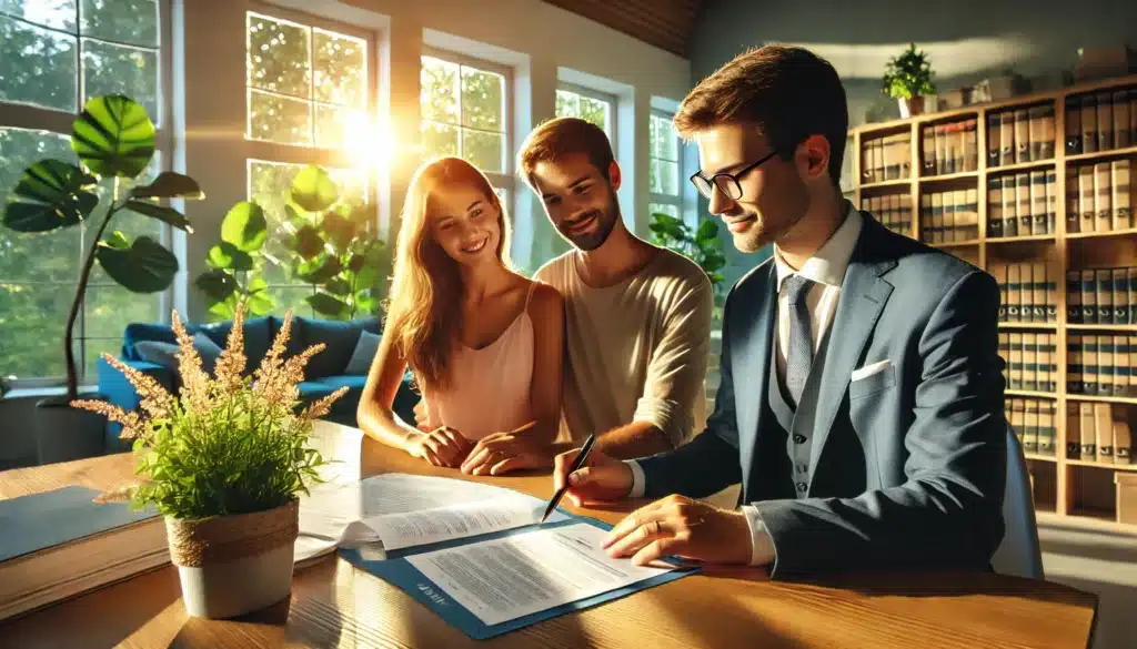 A wide-angle, photo-realistic, cinematic image with summer vibes. The scene shows a family law attorney seated in a professional yet inviting office, reviewing legal documents with intended parents for surrogacy. The couple, a hopeful man and woman, are attentively listening, smiling, and engaged as the attorney points to key details on paperwork. The office is bathed in warm sunlight streaming through large windows, with green plants and bookshelves creating a professional yet relaxed atmosphere. The mood conveys trust, hope, and professionalism as they work through surrogacy legal details.