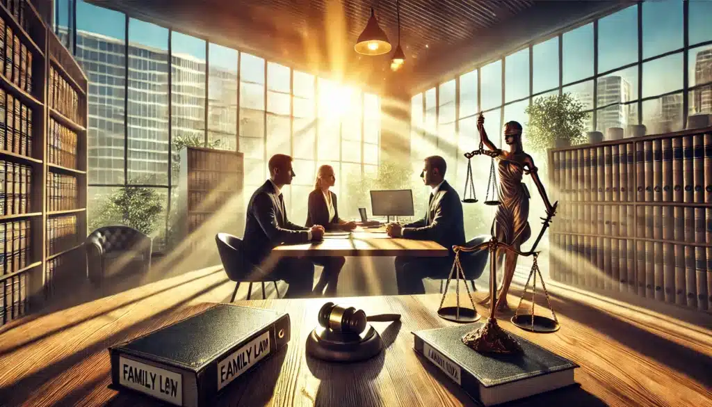 A wide-angle, photo-realistic, cinematic image with summer vibes illustrating unique challenges in family law cases. The scene features a family sitting on opposite sides of a negotiation table in a professional office, with a compassionate family law attorney mediating. Sunlight streams through large windows, casting a warm glow over the scene, while legal documents and a scale of justice on the desk subtly highlight the legal context. The atmosphere reflects the tension and resolution inherent in complex family law cases.