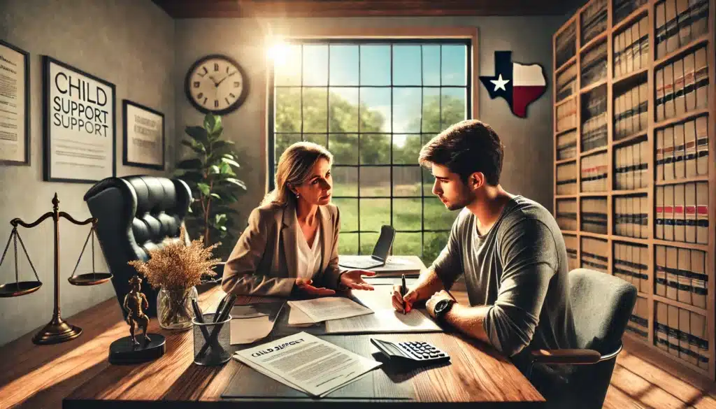 Wide-angle, photo-realistic, cinematic image with summer vibes featuring a child support attorney assisting a parent with paperwork related to child support obligations. The scene shows a professional yet warm office setting with natural light streaming in through large windows. The attorney is seated across from the parent, attentively reviewing documents and offering guidance. The desk is cluttered with legal papers, a laptop, and a pen. The parent looks engaged and relieved. The background includes elements of a typical law office, with Texas-themed décor and hints of greenery outside, enhancing the summer atmosphere.