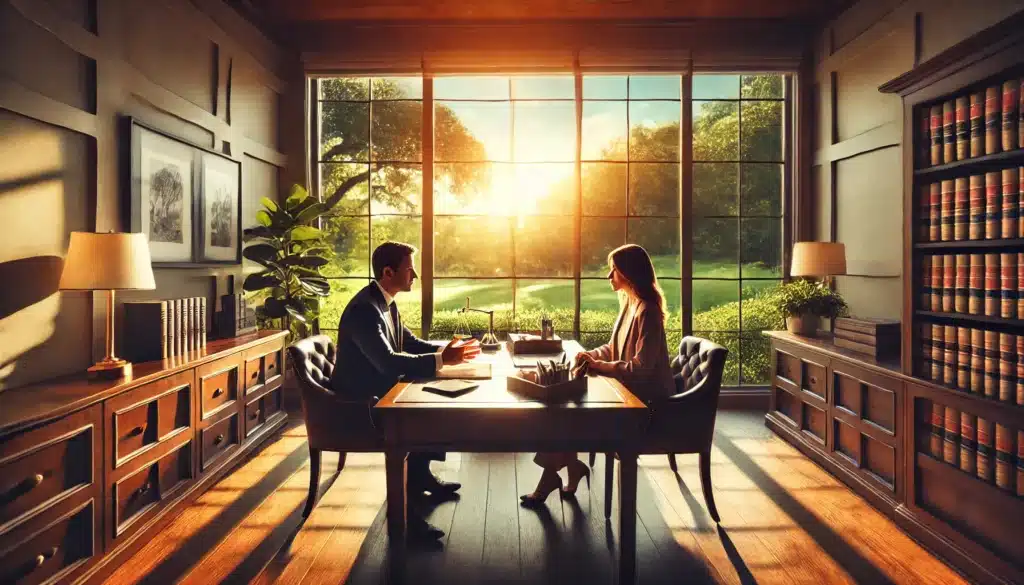 A cinematic, wide-angle, photo-realistic image of a child custody attorney in an elegant office in River Oaks, Texas, discussing legal options with a client. The scene captures a warm summer vibe with sunlight streaming through large windows overlooking lush greenery. The attorney is seated at a polished wooden desk, speaking calmly and gesturing thoughtfully, while the client listens attentively. The setting is professional and inviting, emphasizing trust and expertise.