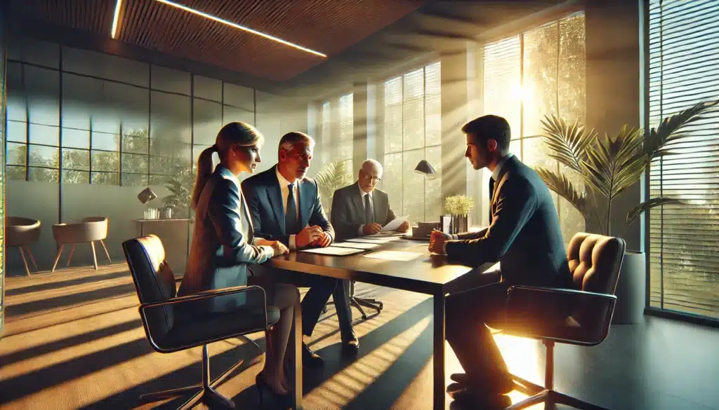 A wide angle, photo-realistic, cinematic image of a professional office setting with summer vibes. The scene shows a couple sitting at a sleek, modern office table discussing financial matters with a divorce attorney. The atmosphere is warm and inviting, with sunlight streaming through large windows, casting soft shadows on the polished surfaces. The couple is dressed professionally, looking serious and focused, while the attorney, a middle-aged person in business attire, is showing them financial documents. The office is well-lit, with modern decor, and a hint of greenery from outside. The image captures the calm yet tense atmosphere of a high net worth divorce discussion.