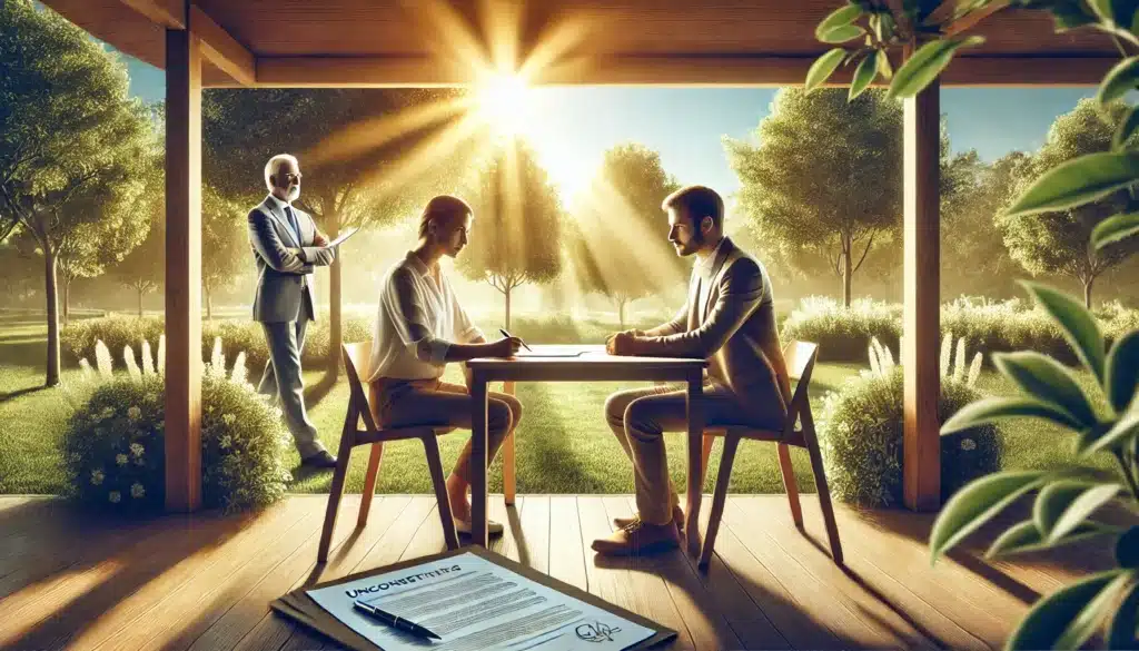 A cinematic, wide-angle, photo-realistic image of a serene outdoor setting on a bright summer day, symbolizing practical tips for a smooth uncontested divorce. A couple sits at a shaded table in a park, calmly discussing and reviewing documents together, with a pen and checklist visible. Nearby, a supportive friend or advisor observes, creating a collaborative and amicable atmosphere. The background features lush greenery, warm sunlight, and a tranquil environment, reflecting clarity, resolution, and positivity. No visible branding or text.