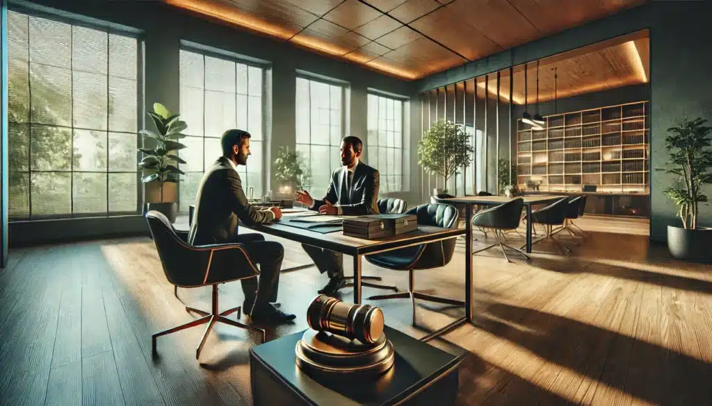 A wide angle, photo-realistic, cinematic image showcasing a visual representation of asset protection strategies during a high net worth divorce. The scene features a lawyer and a client sitting at a modern office conference table. The lawyer, dressed in business attire, is explaining legal strategies to the client, who listens attentively while reviewing financial documents. The office is well-lit, with natural sunlight filtering through large windows, creating a warm and inviting atmosphere. The decor is sleek and professional, with subtle touches of greenery visible outside, and the mood is one of focused, strategic discussion about safeguarding assets during divorce proceedings.