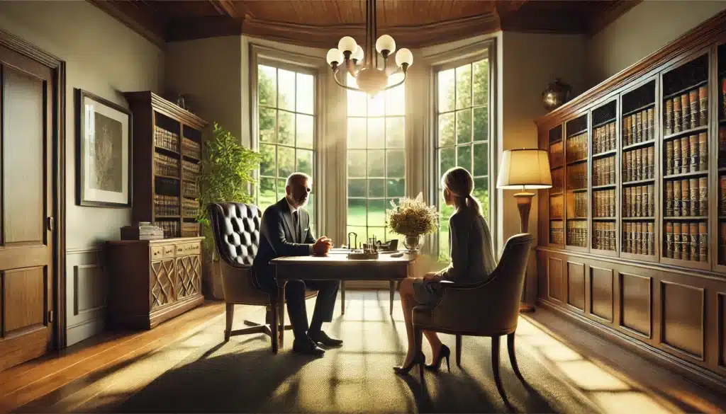 A photo-realistic, cinematic wide-angle image showing an experienced property division attorney in an elegant River Oaks, Texas office during a summer afternoon. The attorney is seated across a polished desk, attentively discussing legal options with a client. The room features sophisticated decor, with large windows bringing in warm natural light and offering a view of lush greenery outside. The scene conveys professionalism and calm assurance, with the attorney actively engaging and the client feeling reassured in this important conversation.