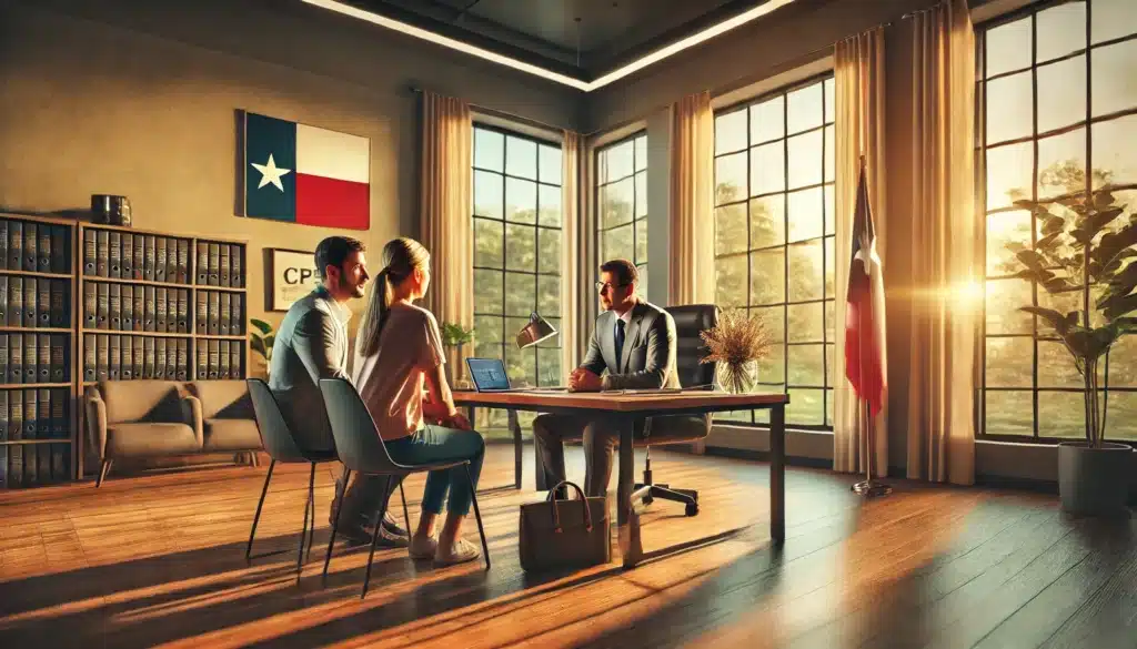 A wide-angle, photo-realistic, cinematic image with summer vibes depicting parents consulting with a CPS defense attorney in a professional office setting. The scene features a polished desk with legal documents, a laptop, and the attorney attentively listening to the concerned parents. Large windows let in warm sunlight, illuminating the space with a welcoming and focused atmosphere. The parents look engaged and hopeful, while the attorney exudes professionalism and confidence. The setting subtly includes Texas-themed elements, such as a small state flag or a map on the wall, emphasizing the location.