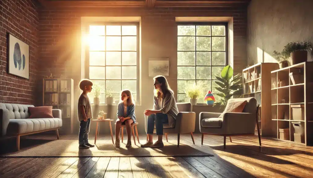 A cinematic, photo-realistic, wide-angle image of children showing emotional responses during a family therapy session. The setting is a cozy, sunlit therapy room with soft summer light streaming through large windows. A compassionate therapist sits in a chair, attentively engaging with two children and their parent. The children exhibit a mix of emotions, from sadness to cautious curiosity. The atmosphere is warm and supportive, with subtle details like colorful toys, a calming painting on the wall, and a comfortable couch to emphasize a safe, welcoming environment.