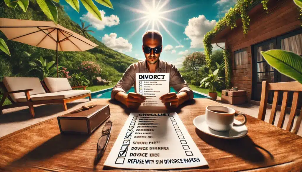 A wide-angle, photo-realistic, cinematic image with summer vibes, showing a frustrated individual looking at a checklist related to divorce steps. The setting is outdoors on a warm, sunny day with clear blue skies and lush greenery, evoking a peaceful but emotionally tense atmosphere. The individual is seated at a table, visibly frustrated, with the checklist prominently displayed, showing tasks related to dealing with a spouse who refuses to sign divorce papers. The image should evoke the sense of the struggle and frustration but also hint at the possibility of resolution with a calm summer backdrop.