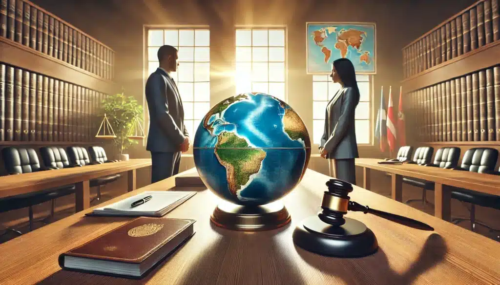 A wide-angle, photo-realistic, cinematic image representing the challenges of international custody disputes. The scene shows a symbolic division between two parents standing on opposite sides of a globe placed on a modern courtroom table. The parents appear thoughtful and concerned, while legal documents and a gavel rest on the table. Sunlight filters through large windows, casting a warm summer glow over the scene. The background features maps and international flags, emphasizing the cross-border nature of the disputes. The overall tone is professional yet emotionally evocative.