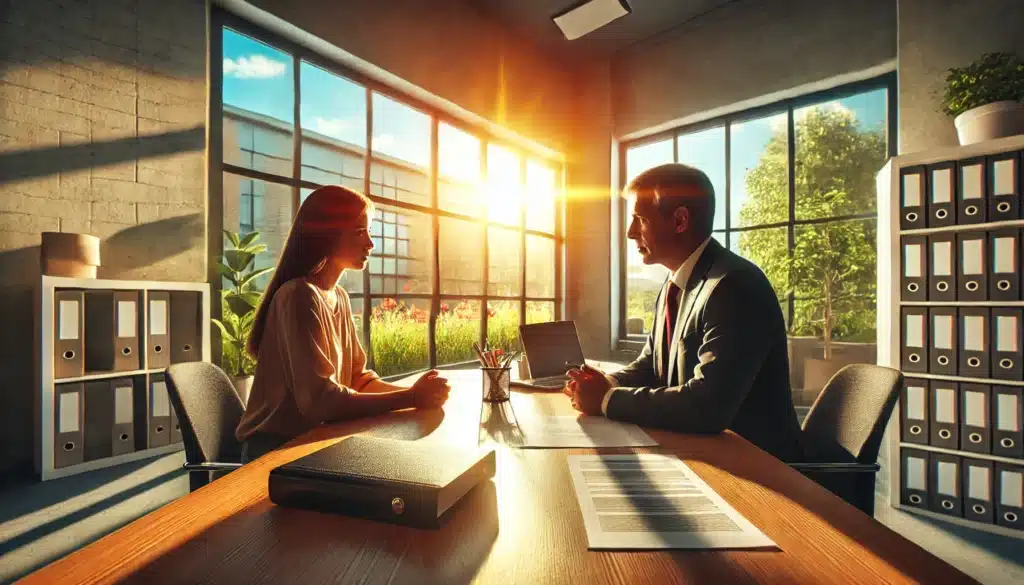 A photo-realistic, cinematic wide-angle image depicting a family lawyer discussing divorce proceedings with a client. The scene is set in a modern, bright office with large windows showcasing a vibrant summer day outside, complete with sunlight streaming in. The lawyer appears calm and professional, sitting across the desk from the client, who looks attentive and slightly concerned. Papers, a legal brief, and a laptop are visible on the desk, emphasizing the legal context. The atmosphere is warm, with a hint of summer vibes, creating a balanced mood of seriousness and hope.