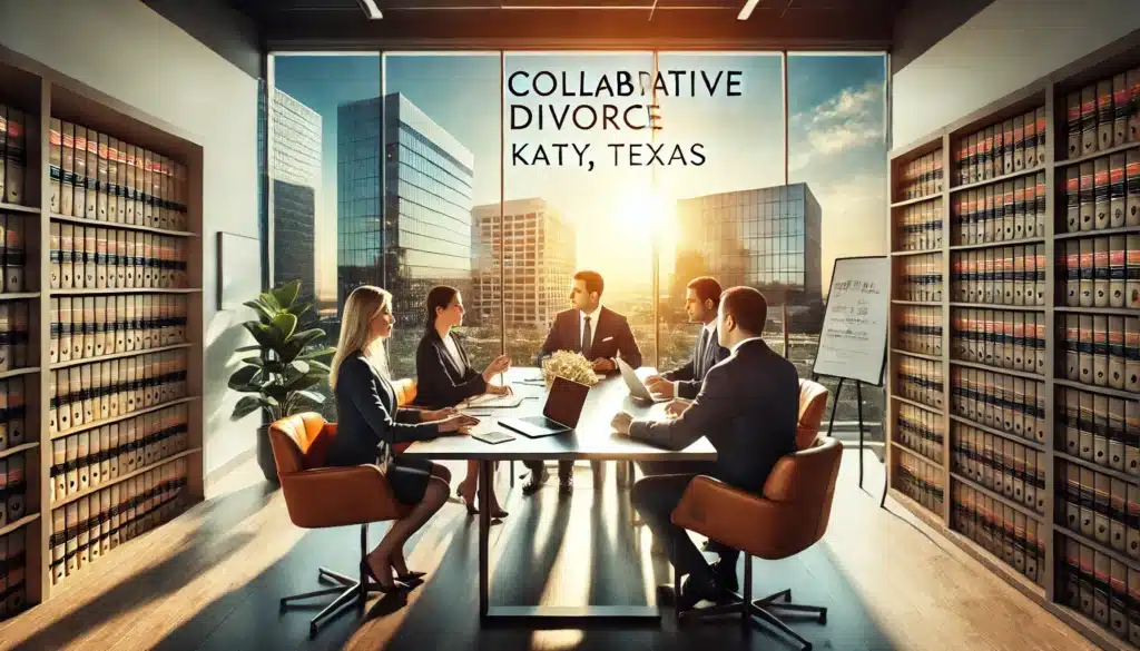 A wide-angle, photo-realistic, cinematic image with summer vibes showing collaborative divorce attorneys in Katy, Texas discussing case strategies. The setting features a modern law office with large windows letting in natural sunlight, attorneys seated around a table with documents, laptops, and a whiteboard in the background. The atmosphere conveys professionalism, teamwork, and a focus on amicable solutions.