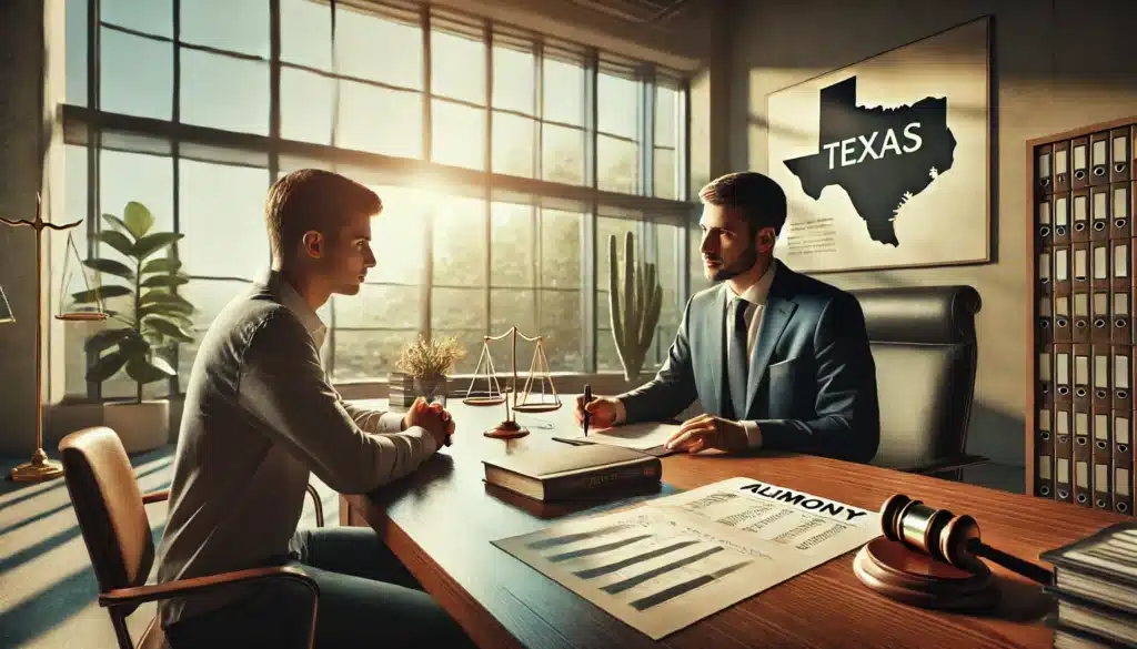 A cinematic, photo-realistic wide-angle image offering a visual representation of practical advice for navigating alimony decisions in Texas. The scene features a lawyer and a client sitting at a polished wooden desk in a well-lit office. The client is attentively taking notes as the lawyer explains, with charts and financial documents spread out on the desk. The large windows let in warm summer sunlight, with subtle Texas-themed elements like a state map on the wall and a potted cactus in the corner. The atmosphere conveys professionalism, clarity, and optimism.