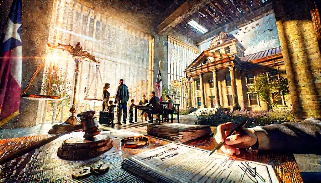 A wide-angle, photo-realistic cinematic illustration showing the steps. The image portrays a legal setting, with documents being signed on a desk, a courthouse in the background, and a family consulting with a lawyer. The scene is set in the summer with warm sunlight streaming through large windows, highlighting the legal papers and the concerned expressions of the family. Symbols of justice, such as a gavel and scales, are subtly visible, emphasizing the legal process. The mood is a mix of urgency and hope, reflecting the careful steps involved.