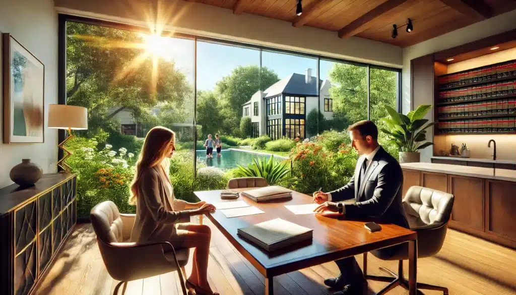 A photo-realistic, wide-angle cinematic summer scene depicting a client meeting with a family law mediation attorney in River Oaks, Texas. The setting is a bright, modern office with large windows showcasing a sunny, green River Oaks neighborhood outside. The attorney and client are sitting at a polished wooden desk, reviewing documents, with a collaborative and approachable atmosphere. The summer vibes are emphasized by warm natural lighting and a view of vibrant greenery and flowers outside. The scene conveys professionalism, trust, and calm decision-making.