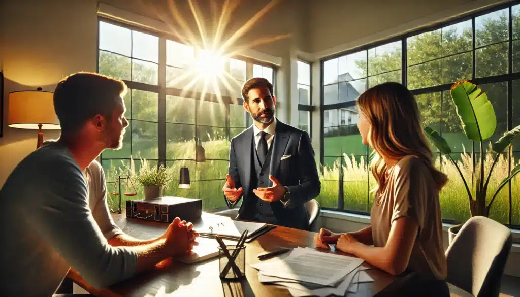 Wide-angle, photo-realistic, cinematic image with summer vibes. The scene shows a family law attorney in a professional office in Spring, Texas, engaged in a discussion with clients. The attorney looks confident and focused, explaining legal matters while the clients listen attentively. The background features a modern, sunlit office with large windows, a view of green trees outside, and documents on the desk. The atmosphere is warm and inviting, capturing the essence of a professional yet approachable legal consultation during a sunny Texas summer day.