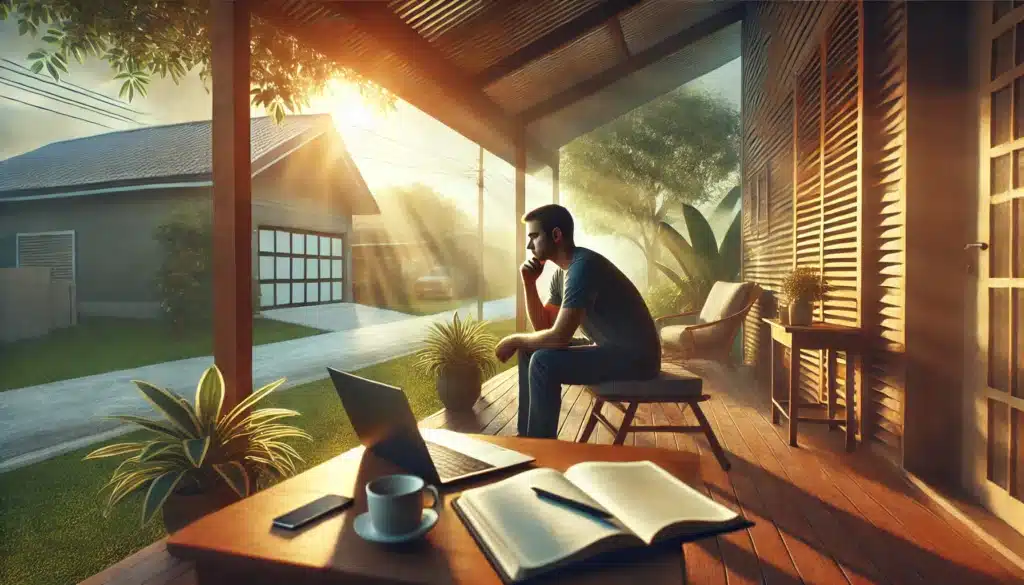 A cinematic, photo-realistic wide-angle summer scene featuring an individual sitting on a porch or outdoor patio, surrounded by warm natural light, with a notebook and a laptop open on the table. The person appears thoughtful and contemplative, symbolizing the steps to take when suspecting adultery. In the background, subtle details like a serene garden or a quiet neighborhood add to the calm yet reflective atmosphere. The image conveys a balance of emotional reflection and preparation for legal steps. No text or camera equipment in the image.