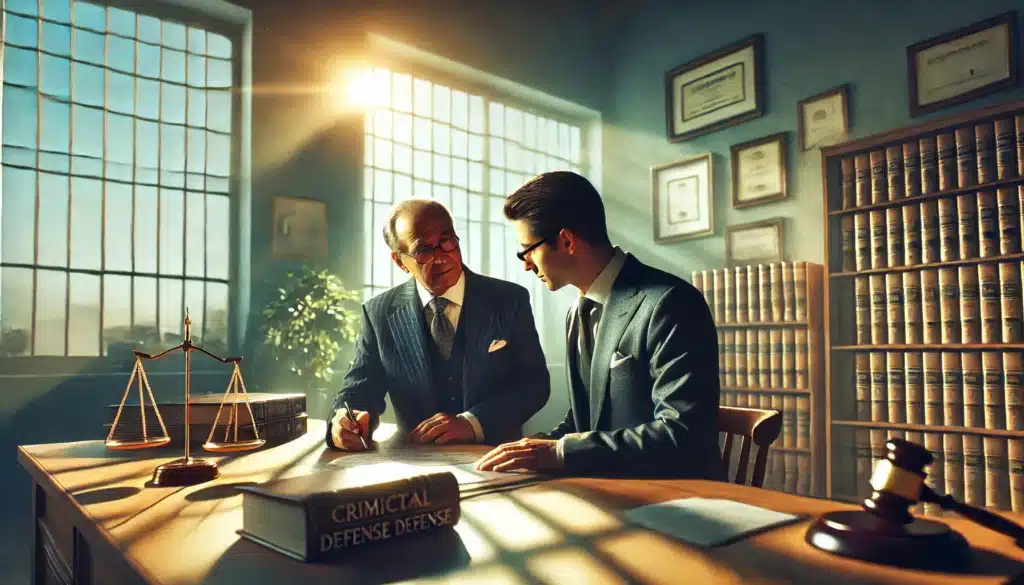 A photo-realistic, cinematic wide-angle image depicting an experienced criminal defense attorney helping a client. The scene shows the attorney and client in a professional setting, with the lawyer offering guidance over legal documents. The office has large windows with warm summer sunlight streaming in, casting soft shadows across the room. The atmosphere feels supportive and confident, with symbols of experience, such as law books and framed certificates, subtly visible in the background. The attorney exudes professionalism and care, capturing the essence of trust and expertise in criminal defense.