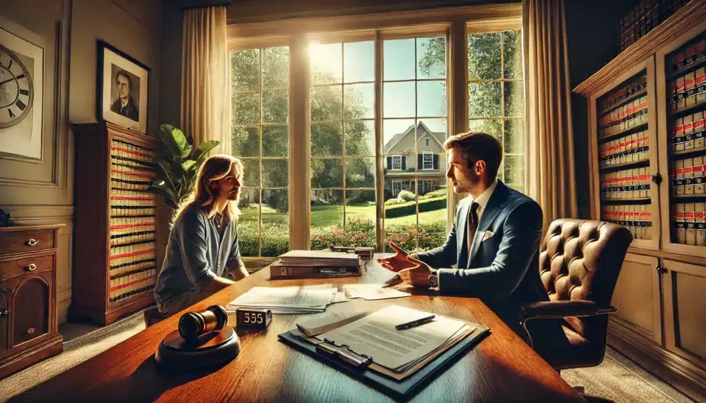 A photo-realistic, wide-angle cinematic image of a family law attorney in River Oaks, Texas, discussing parental visitation rights with a client. The scene captures a professional yet warm atmosphere, with the attorney seated at a polished wooden desk, papers and legal documents spread out. The client, appearing engaged, sits across the desk in a bright office with large windows that showcase a sunny summer day with vibrant greenery outside. The mood is calm and reassuring, evoking trust and professionalism. The attorney is gesturing thoughtfully, emphasizing understanding and guidance.