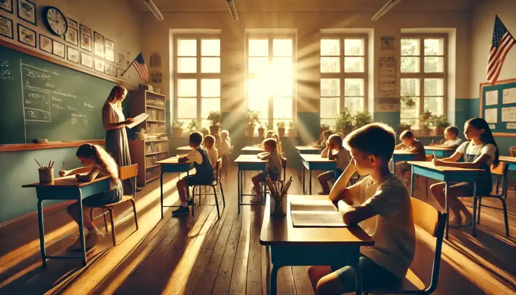 Wide-angle, photo-realistic, cinematic image with summer vibes, captured in the style of a wide-angle lens. The scene shows a school classroom with bright summer light streaming through the windows. A child is seated at a desk, looking distracted and struggling to focus on their homework, reflecting the emotional impact of divorce on their academic performance. The teacher is in the background, offering support, while other children are engaged in their tasks. The image conveys a mix of concern and hope, capturing the challenges and effects of divorce on a child's education in a warm, inviting setting.