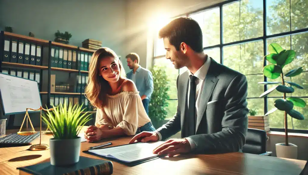 A wide-angle, photo-realistic, cinematic image with summer vibes depicting a family law attorney guiding a client through the divorce process. The scene is set in a bright, modern office with large windows letting in sunlight. The attorney, dressed in a professional suit, is leaning forward with a reassuring smile, showing documents to a concerned client seated across the desk. The atmosphere is calm and supportive, with green plants and legal books visible in the background. The overall mood is hopeful and focused, emphasizing the attorney's role as a guide and support system.